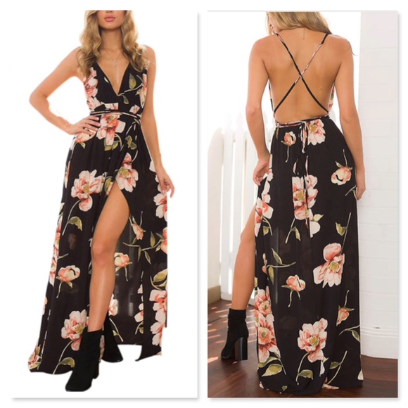 Rouge! Dresses & Skirts - Boho Floral Backless Crisscross High Slit Dress